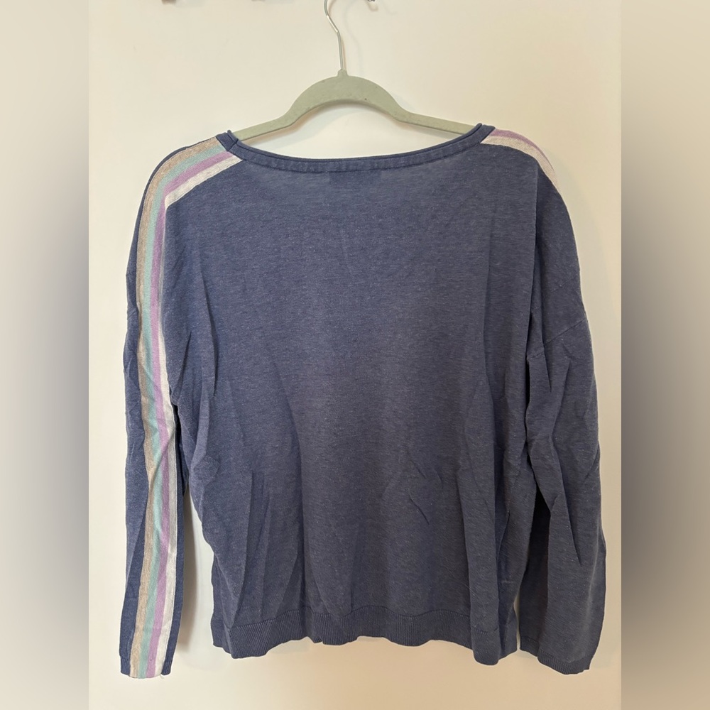 Sandwich Blue Crewneck Sweater with Pastel Sleeve Stripes - Size Large - Picture 2 of 6